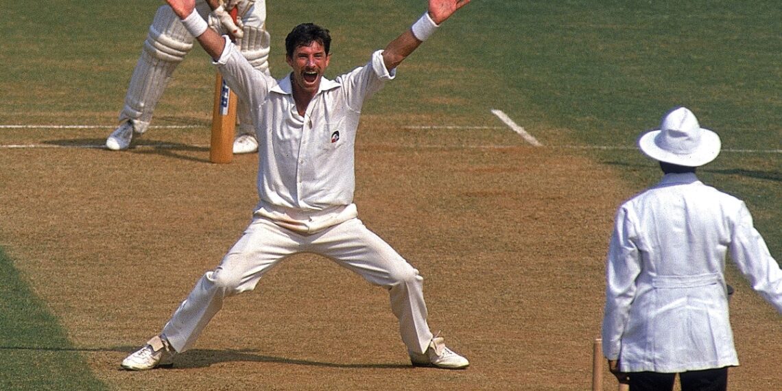 Richard Hadlee, the legendary New Zealand fast bowler and all-rounder, makes an appeals to umpire in a cricket match.